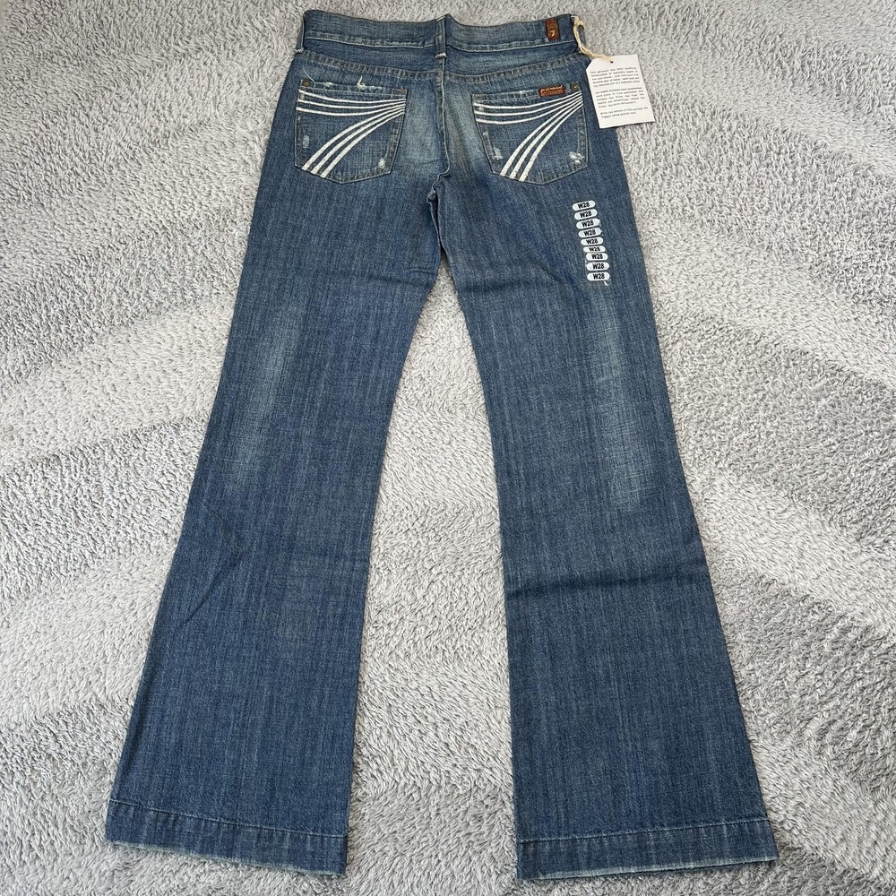 7 For All Mankind Dojo Jeans Womens 28 Blue Flare Distressed Embroidered USA - Picture 3 of 6